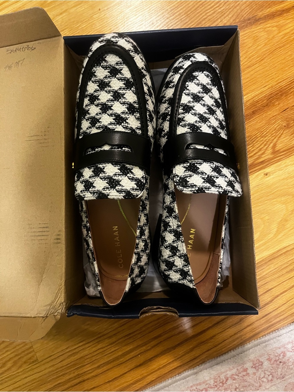 Cole Haan Black and White Houndstooth Penny Loafers